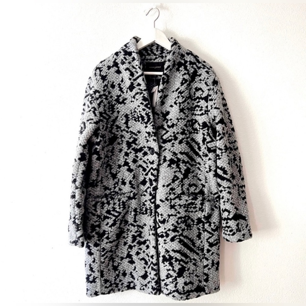 𝅺NWT banana republic black gray printed wool coat jacket, large